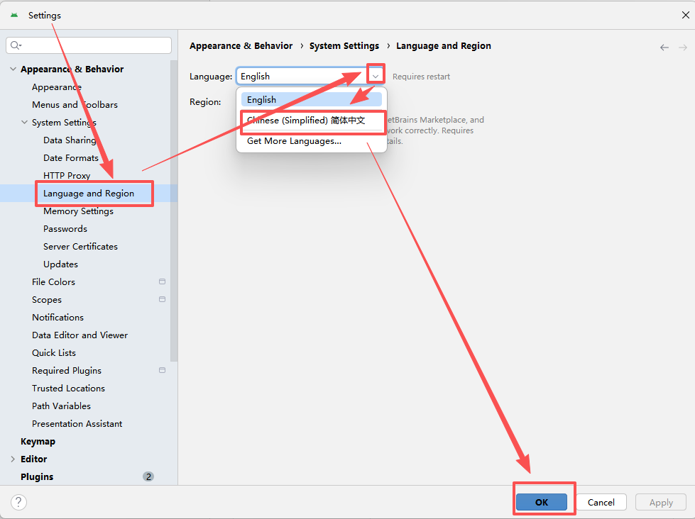 Settings → System Settings → Language and Region